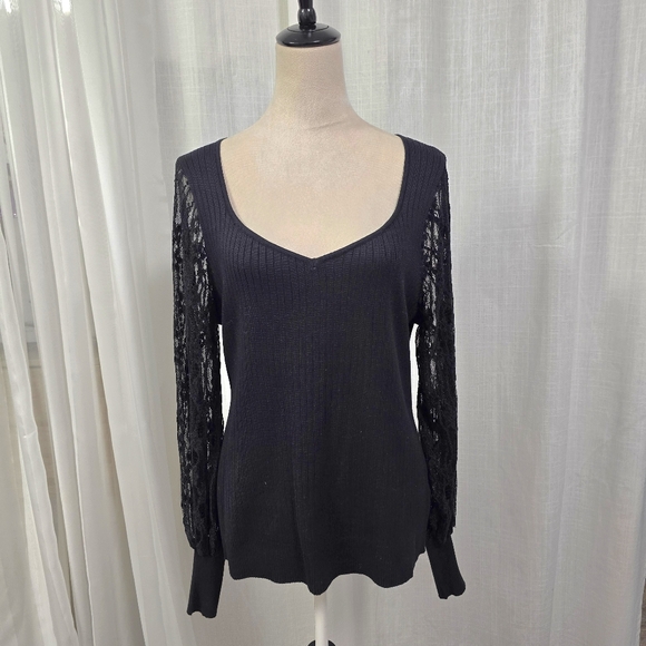 Absolutely Famous Sweaters - 2/$30 Absolutely Famous Black Rib Knit‎ Sweater Lace Sleeves Plus Size 1X